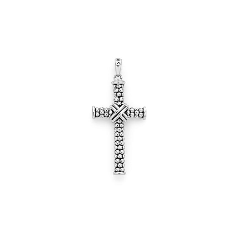 A Caviar Beaded X Cross Amulet featuring Smooth sterling silver Caviar beading is displayed in the middle of a white background