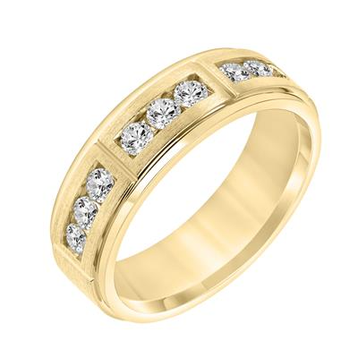 A yellow-gold ring is displayed to the left in the middle of a white background. The ring features diamond stations with three diamonds.