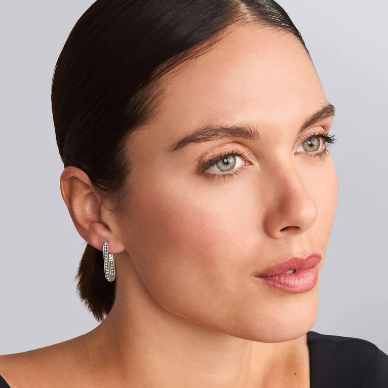 Sterling Silver Beaded Linear Hoop Earrings