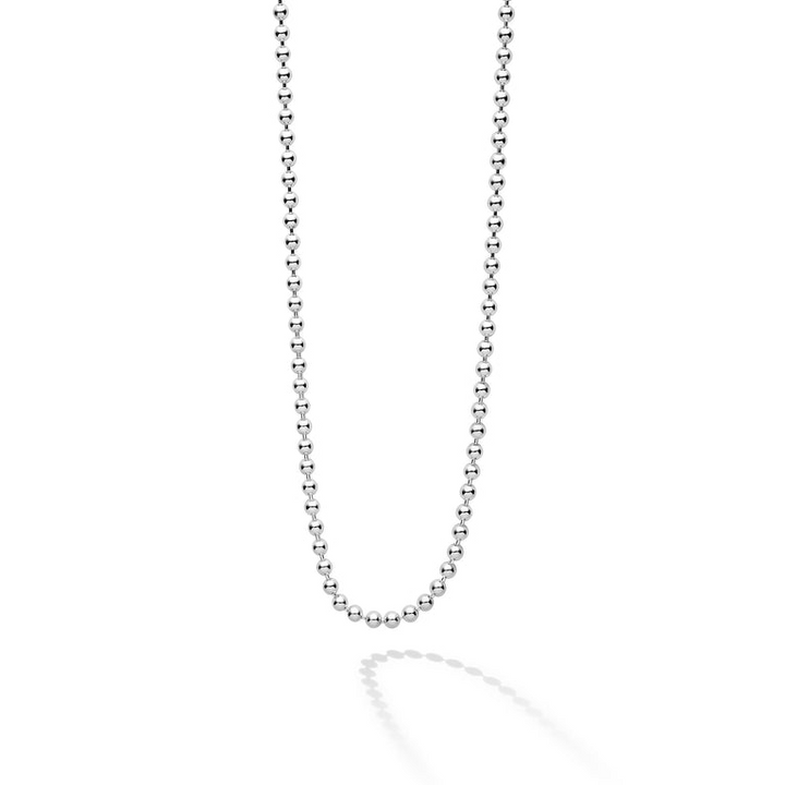 A close-up view of a sterling silver featuring a ball chain.