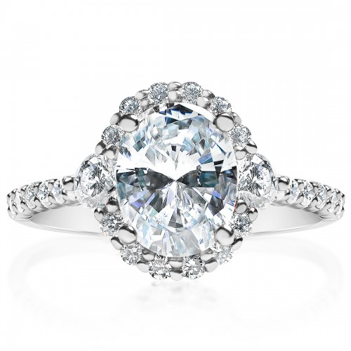 Halo Three Stone Shared Prong Engagement Ring