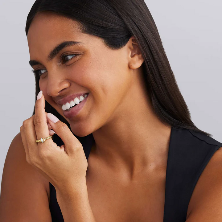 18K Gold Caviar Beaded Diamond Rondelle Stacking Ring