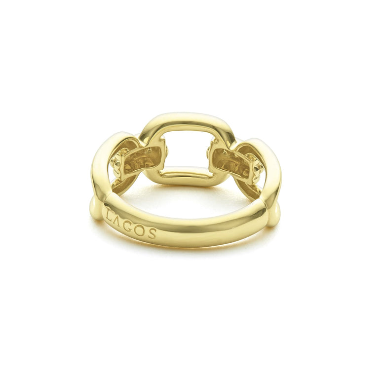 A side view of an 18K gold oval link ring in the middle of a white background features caviar beading and fluting elements.