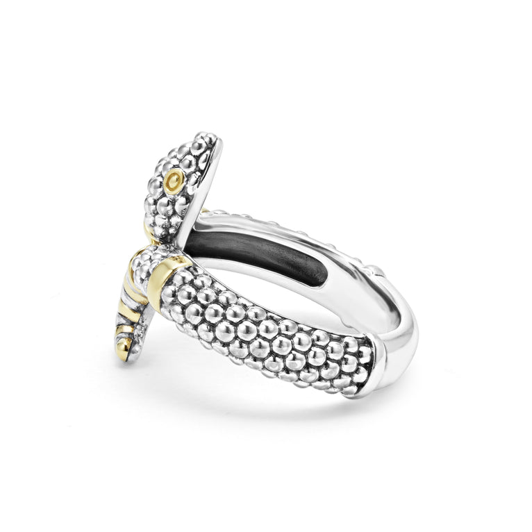 A sterling silver ring is displayed on a white background featuring a snake motif with Sterling silver Caviar beading highlighted by 18K gold stations