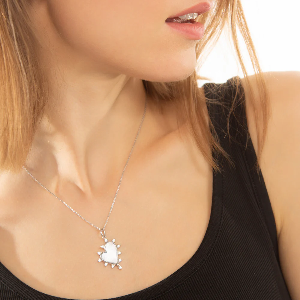 Midi "Love" Heart Necklace with Mother of Pearl and Sapphires