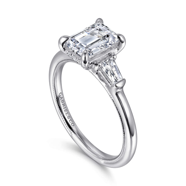 14K White Gold Emerald Cut Three Stone Diamond Engagement Ring