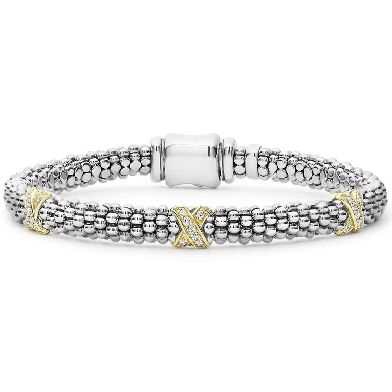 Three Station Gold X Diamond Caviar Bracelet