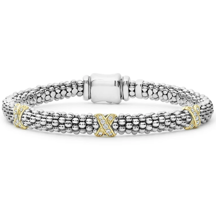 Three Station Gold X Diamond Caviar Bracelet
