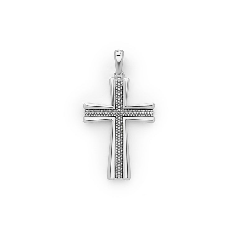 A two-tone caviar beaded cross amulet displayed in the middle of a white background