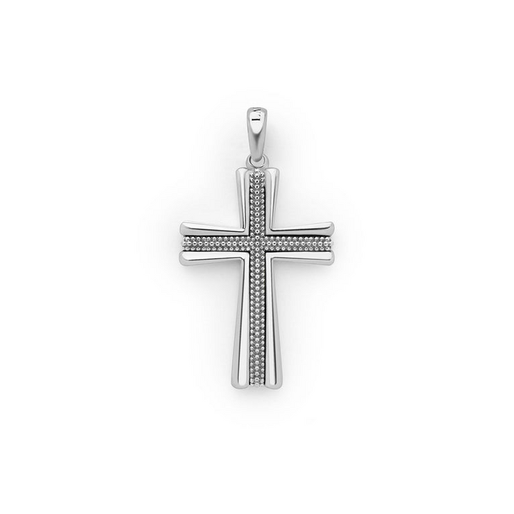 A two-tone caviar beaded cross amulet displayed in the middle of a white background