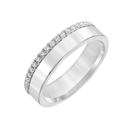 A white-gold ring is displayed to the right in the middle of a white background. The ring features a split pave design.