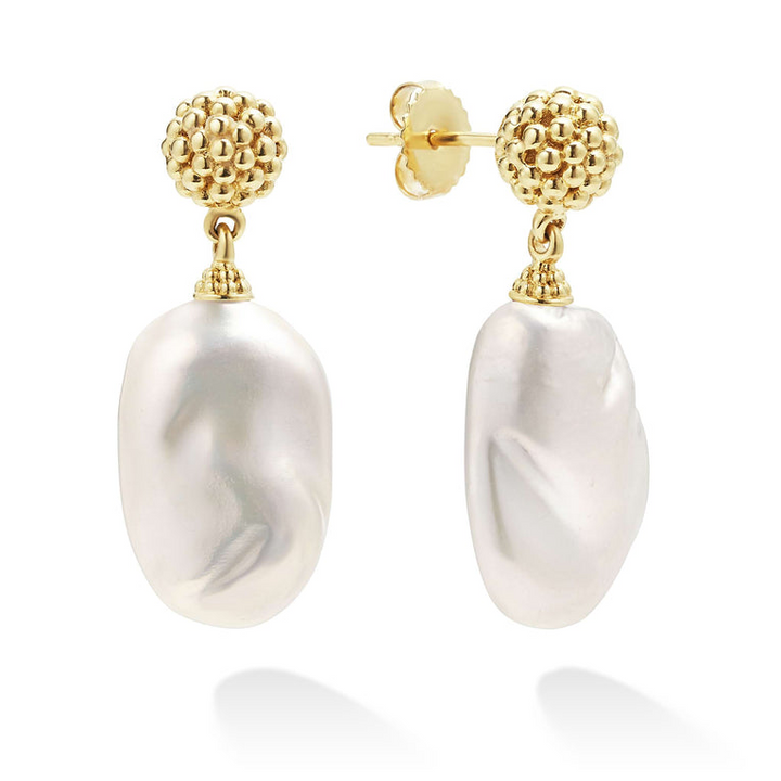 Drop earrings with an 18K gold Caviar beading frame and cultured freshwater pearl baroque. The right earring is angled to show the back.