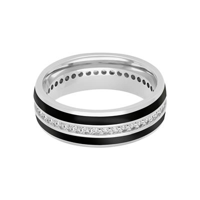 A white-gold ring is displayed in the middle of a white background. The ring features a diamond and black ceramic band.