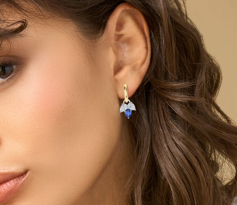 Pear Shape Diamond & Blue Sapphire Triple Leaf Huggies