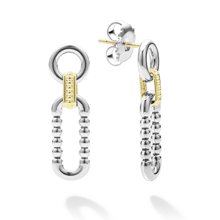 A pair of link drop earrings with Sterling silver and 18k gold variations of Caviar beading and fluting elements. The right earring is angled to the side, showing the back.