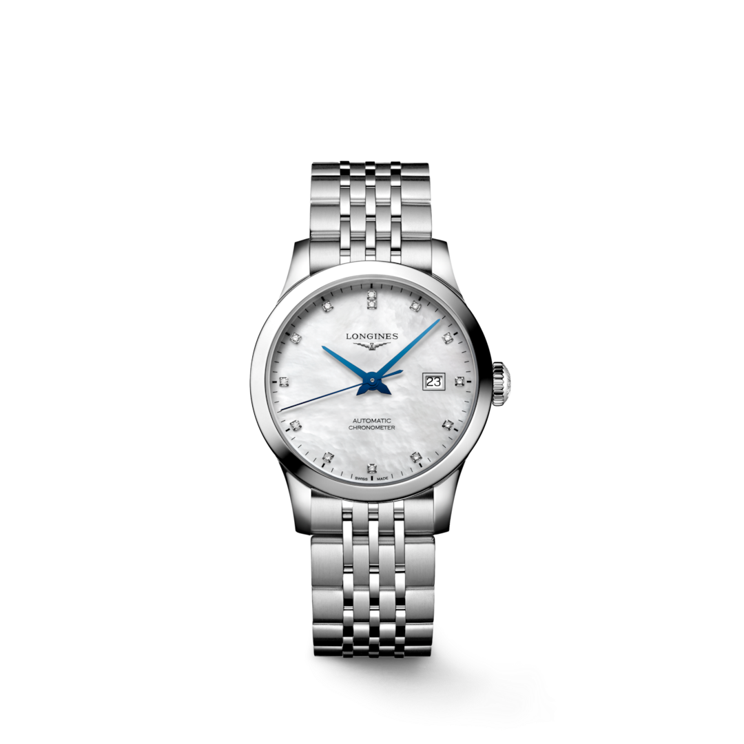 A Longines watch is displayed in the middle on a transparent background. The watch features a mother-of-pearl diamond-set dial, blue hands, black markers, a stainless steel bezel, and a stainless steel bracelet.