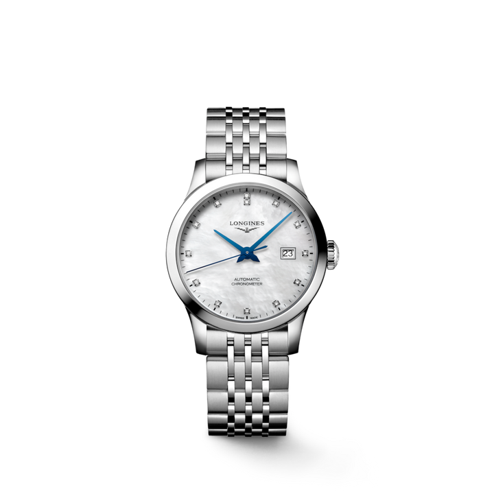 A Longines watch is displayed in the middle on a transparent background. The watch features a mother-of-pearl diamond-set dial, blue hands, black markers, a stainless steel bezel, and a stainless steel bracelet.