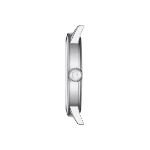 A close-up side view of the Tissot stainless steel case showing the crown on the right side.