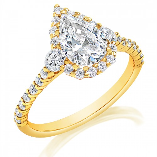 Halo Three Stone Shared Prong Engagement Ring