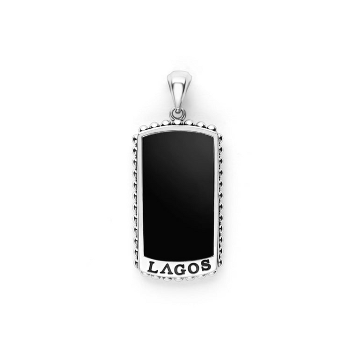 A tag amulet in the middle of a white background featuring Black agate accented by sterling silver Caviar beading