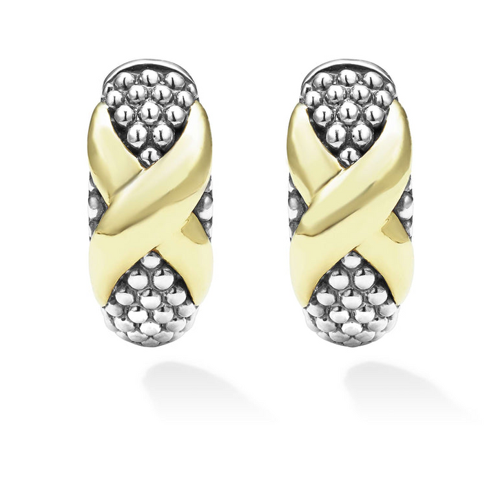 A pair of two-tone huggie earrings with Smooth 18k gold and sterling silver Caviar beading and an x motif. 