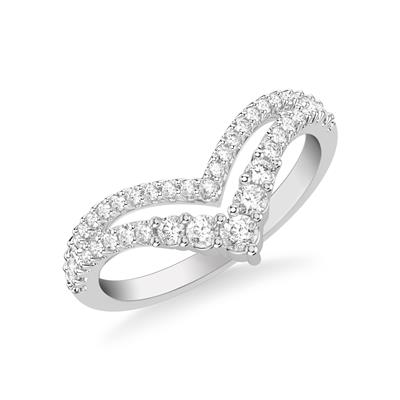 This is a close-up of a white gold ring angled to the right. It shows the inside of the band against a white background. It features a dual-layered design with diamond set bands.