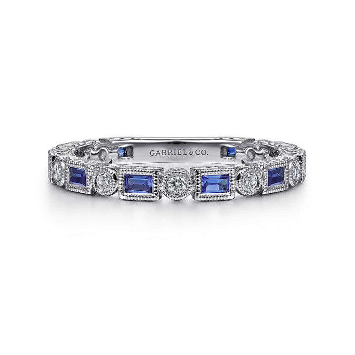 14K White Gold Sapphire Baguette and Diamond Band