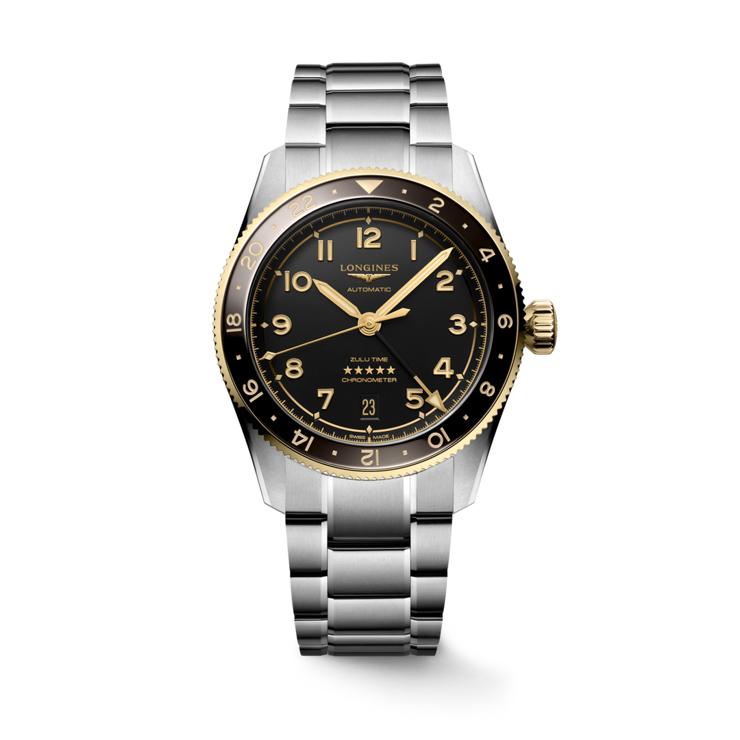 A Longines watch standing straight against a transparent background. The watch features a black dial, gold hands and markers, a black & gold bezel, a crown on the right side, and a stainless steel bracelet.