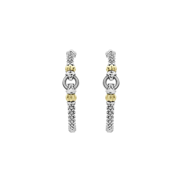 A pair of hoop earrings made from Sterling silver Caviar, with a circle motif and 18K gold accents. 