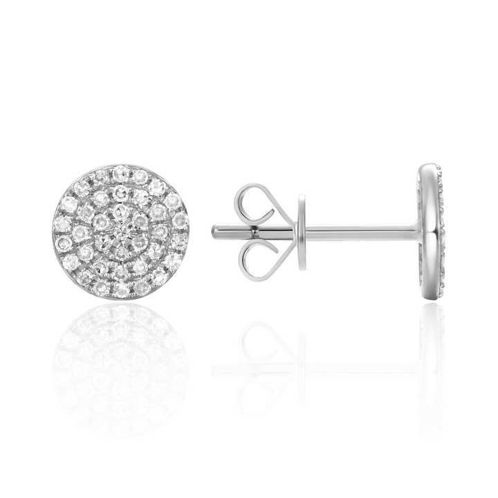 A pair of stud earrings with round, brilliant cut diamonds framed in a pave setting. The right earring is angled to the side, showing the back.