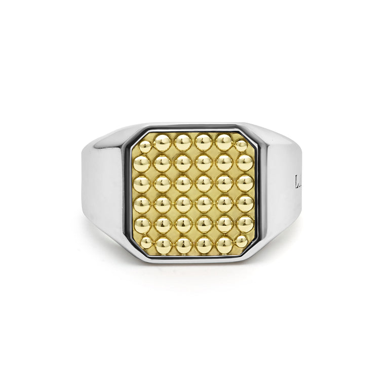 A sterling silver and 18k gold ring displayed in the middle of a white background featuring 18K gold Caviar beading surrounded by smooth sterling silver with a square design.