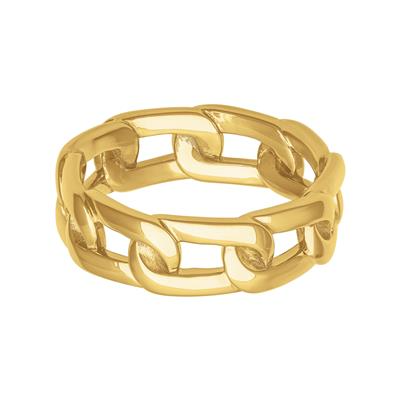 Yellow Gold Men's Wedding Band is displayed on a white background. The ring features a linked-up design, solid links, and 7mm.