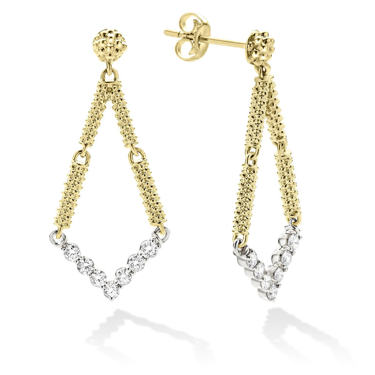 A pair of drop earrings with diamonds set in chevron-shaped motif and superfine caviar beading. The right earring is angled to the side, showing the back.