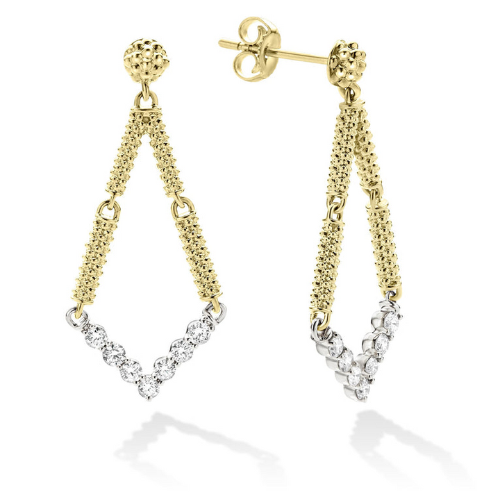 A pair of drop earrings with diamonds set in chevron-shaped motif and superfine caviar beading. The right earring is angled to the side, showing the back.