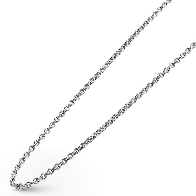 A sterling silver chain angled to the right featuring Sterling silver fluted links and double link Caviar chain