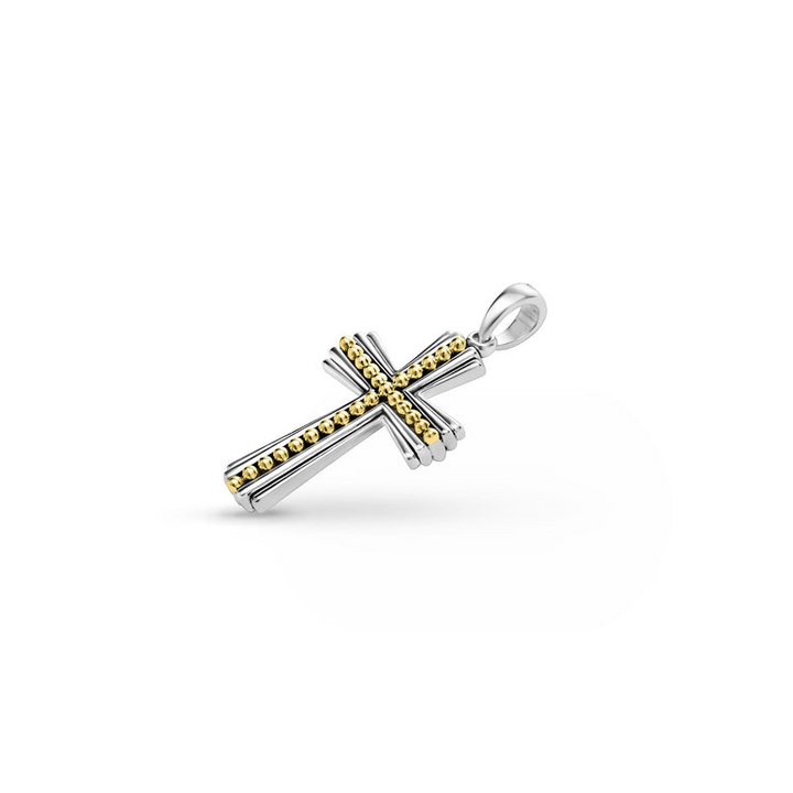 A two-tone caviar beaded cross amulet is displayed to the right in the middle of a white background