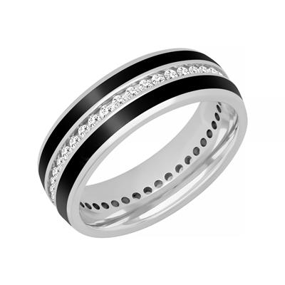 A white-gold ring is displayed to the left in the middle of a white background. The ring features a diamond and black ceramic band.