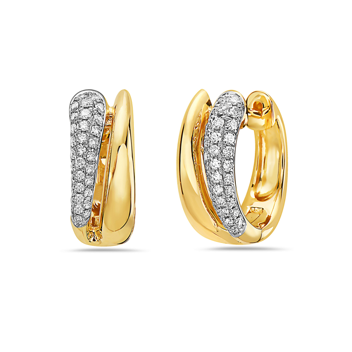 A pair of huggie earrings with 14k gold and a diamond-set column. The right earring is angled to the side.