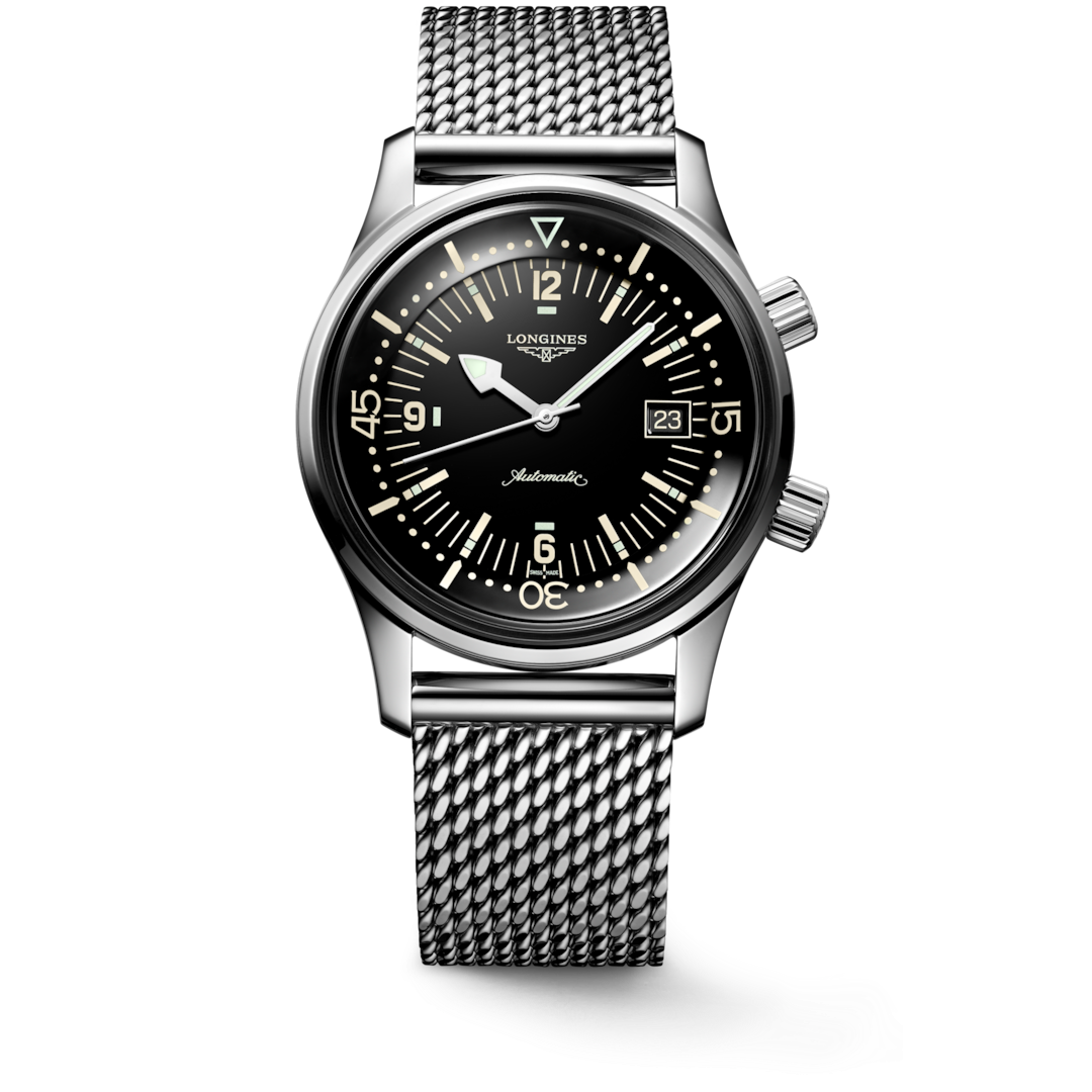 A Longines watch standing straight against a transparent background. The watch features a black dial, tan & white hands and markers, a stainless steel bezel, two crowns, and a stainless steel bracelet.