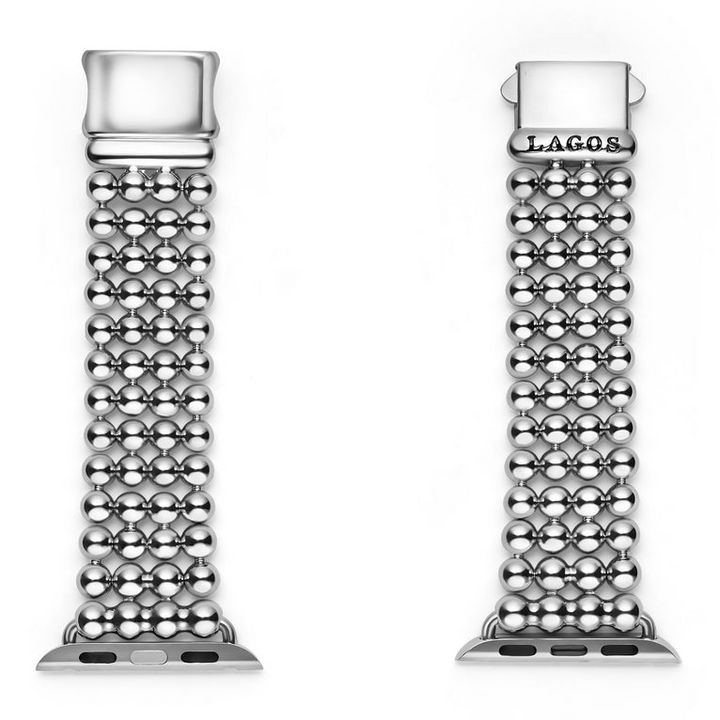 Two bands rest in the middle on a white background; the right band has an engraved LAGOS by the clasp. The watch band features four rows of stainless steel beading.