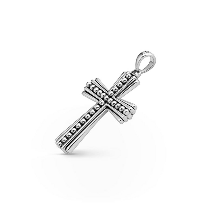 A Cross Amulet featuring caviar beading displayed to the right in the middle of a white background