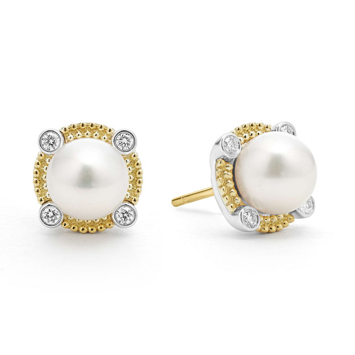 18K gold and sterling silver stud earrings with a freshwater cultured pearl accented by diamonds and caviar beading, one angled to the left.