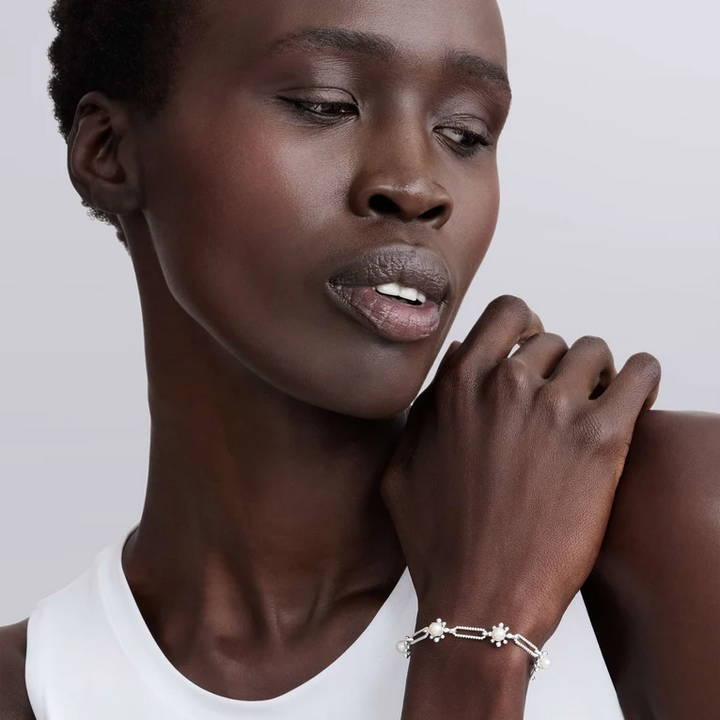 Sterling Silver Fleur Pearl Link Bracelet