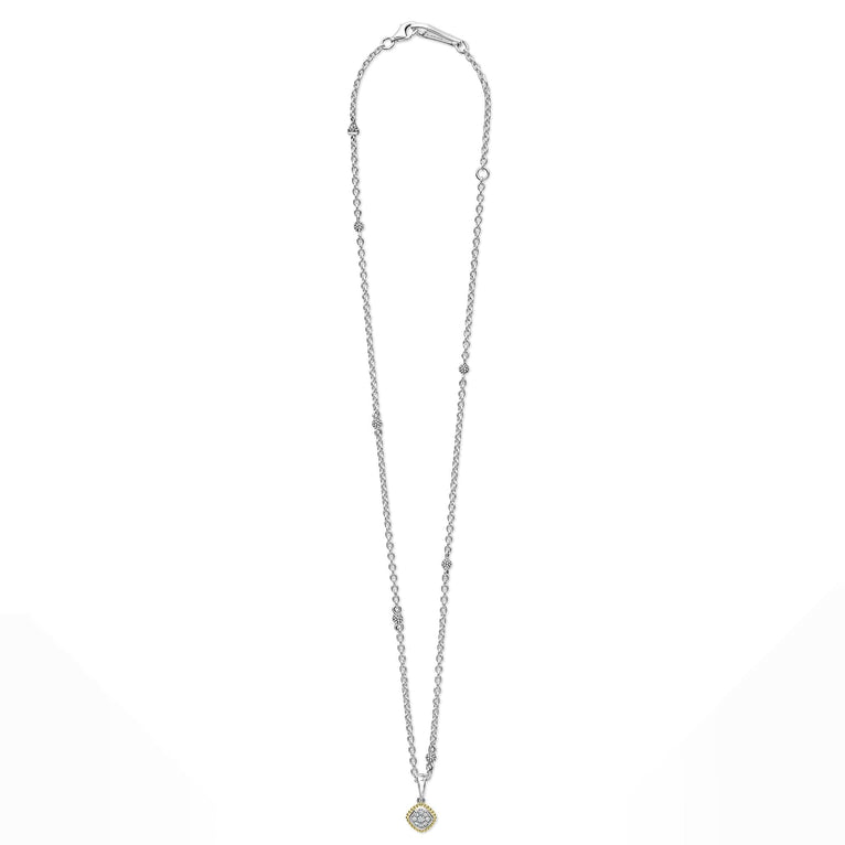 A sterling silver & 18k gold necklace featuring a pavé diamond pendant necklace with 18k gold and sterling silver Caviar beading against a white background. and showing the clasp at the top.