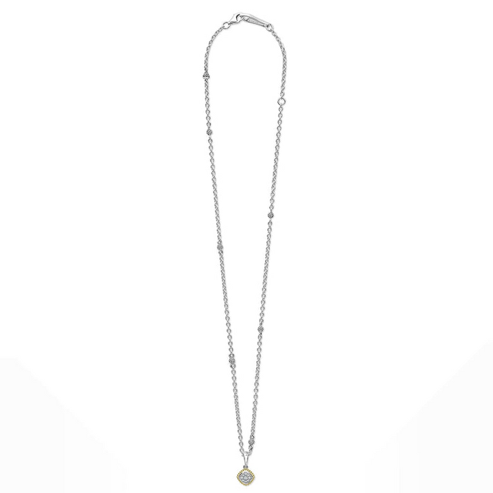 A sterling silver & 18k gold necklace featuring a pavé diamond pendant necklace with 18k gold and sterling silver Caviar beading against a white background. and showing the clasp at the top.