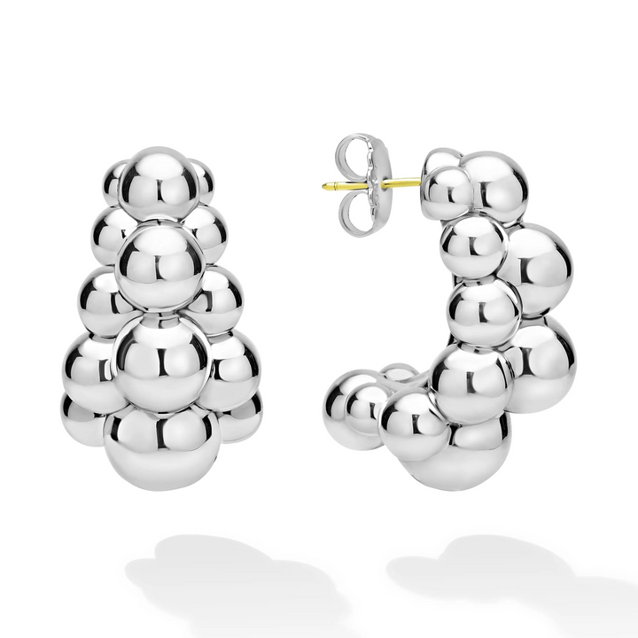 Silver Three Row Beaded Hoop Earrings