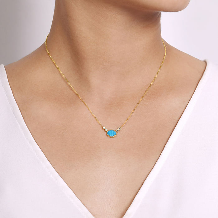 Oval Rock Crystal Turquoise and Diamond Pendant Necklace