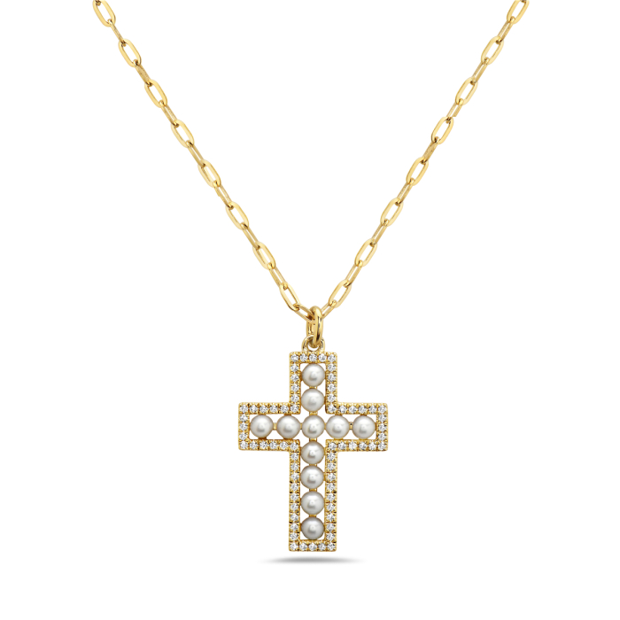 A close-up of a yellow-gold Miranda Pearl Cross against a white background. The necklace features a cross design with 66 diamonds and 11 pearls.