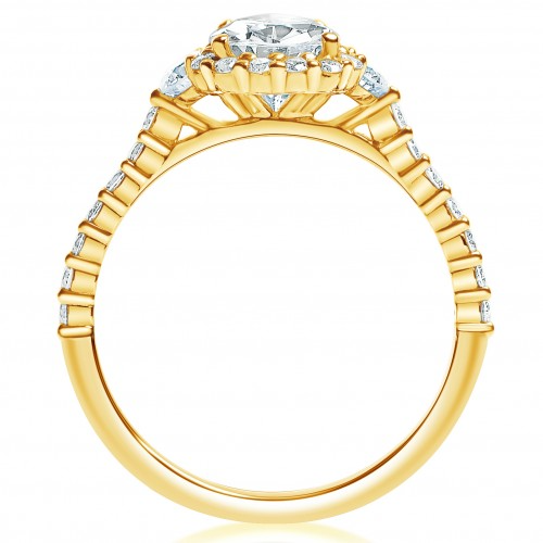 Halo Three Stone Shared Prong Engagement Ring