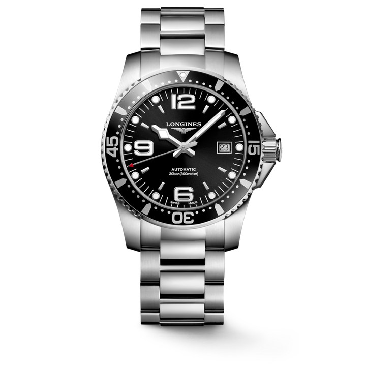 A Longines watch standing straight against a transparent background. The watch features a black dial, white & silver hands and markers, a black bezel, a crown on the right side, and a stainless steel strap.